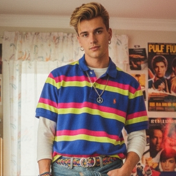 Polo Ralph Lauren M Vintage 90s Retro Stripe Preppy Eclectic Dadcore Polo - Picture 1 of 13